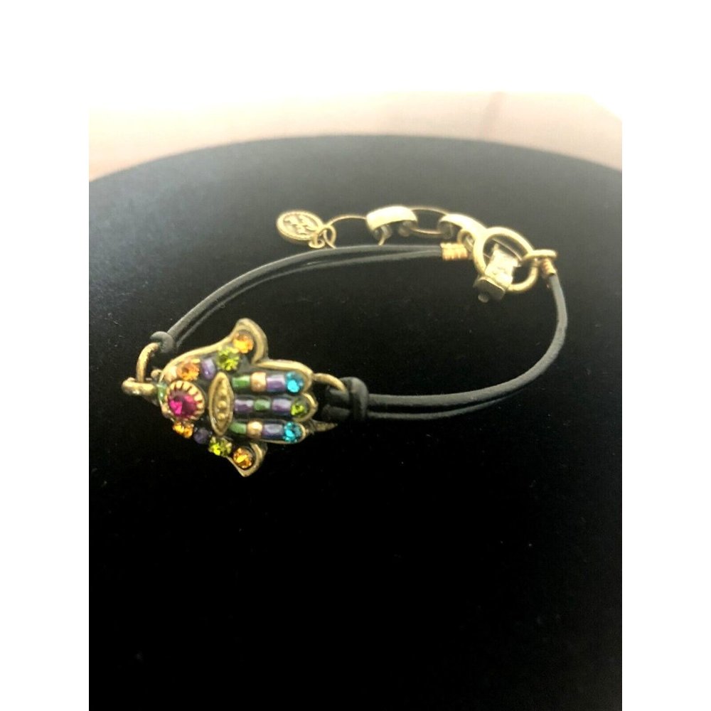 Michael Golan Bracelet Multi color crystals, gold tone setting, leather band C6